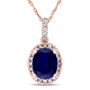 Lab Blue Sapphire & Halo Diamond Pendant Necklace 14k Rose Gold 2.90ct