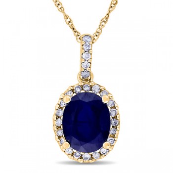 Lab Blue Sapphire & Halo Diamond Pendant Necklace 14k Yellow Gold 2.90ct