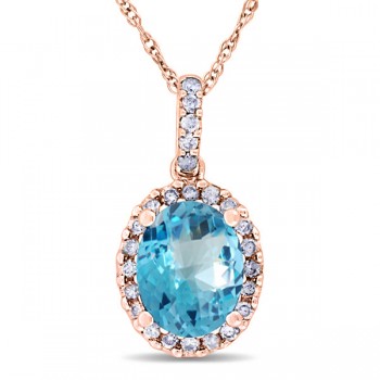 Blue Topaz & Halo Diamond Pendant Necklace in 14k Rose Gold 2.74ct