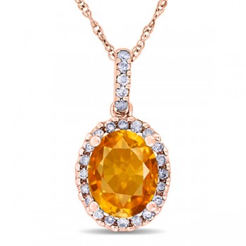 Citrine & Halo Diamond Pendant Necklace in 14k Rose Gold 2.00ct
