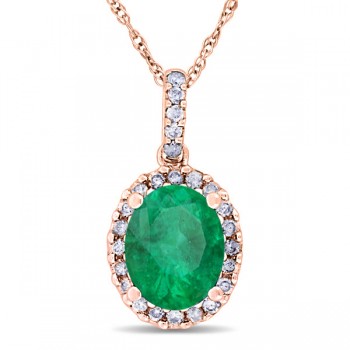 Lab Emerald & Halo Diamond Pendant Necklace 14k Rose Gold 2.14ct