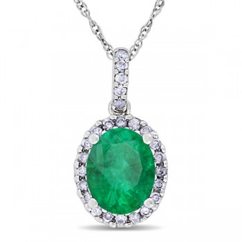 Lab Emerald & Halo Diamond Pendant Necklace 14k White Gold 2.14ct