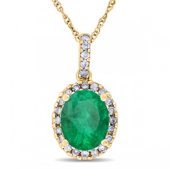 Lab Emerald & Halo Diamond Pendant Necklace 14k Yellow Gold 2.14ct