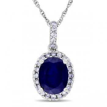 Lab Blue Sapphire & Halo Diamond Pendant Necklace 14k White Gold 2.90ct