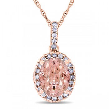 Morganite & Halo Diamond Pendant Necklace in 14k Rose Gold 2.84ct