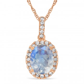 Moonstone & Halo Diamond Pendant Necklace in 14k Rose Gold 2.14ct