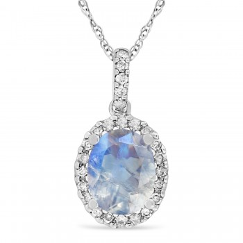 Moonstone & Halo Diamond Pendant Necklace in 14k White Gold 2.14ct