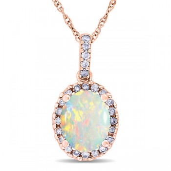 Opal & Halo Diamond Pendant Necklace in 14k Rose Gold 1.34ct