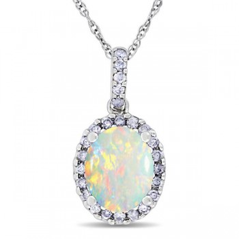 Opal & Halo Diamond Pendant Necklace in 14k White Gold 1.34ct