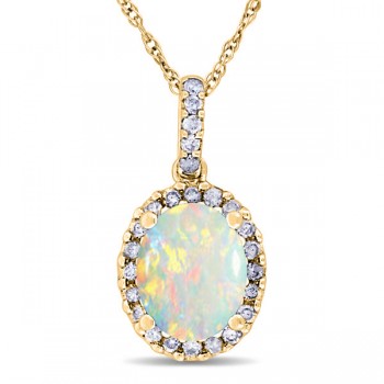 Opal & Halo Diamond Pendant Necklace in 14k Yellow Gold 1.34ct