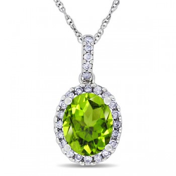 Peridot & Halo Diamond Pendant Necklace in 14k White Gold 2.24ct