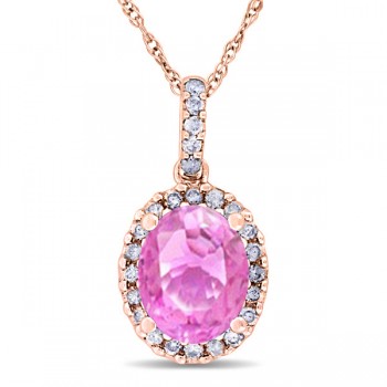 Lab Pink Sapphire & Halo Diamond Pendant Necklace 14k Rose Gold 2.44ct