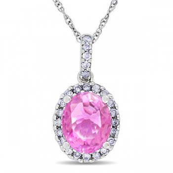 Lab Pink Sapphire & Halo Diamond Pendant Necklace 14k White Gold 2.44ct