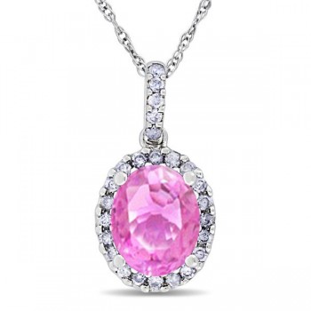 Pink Sapphire & Halo Diamond Pendant Necklace in 14k White Gold 2.44ct