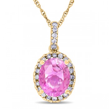 Lab Pink Sapphire & Halo Diamond Pendant Necklace 14k Yellow Gold 2.44ct