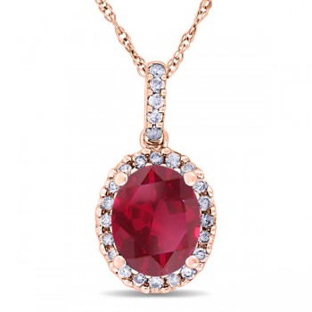 Ruby & Halo Diamond Pendant Necklace in 14k Rose Gold 2.44ct