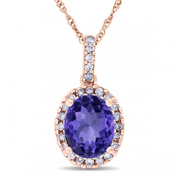 Tanzanite & Halo Diamond Pendant Necklace in 14k Rose Gold 2.44ct