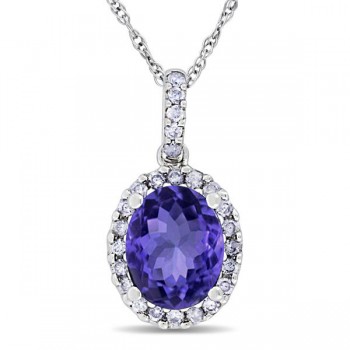 Tanzanite & Halo Diamond Pendant Necklace in 14k White Gold 2.44ct