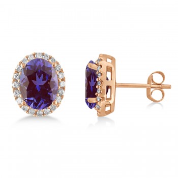 Oval Lab Alexandrite & Halo Diamond Stud Earrings 14k Rose Gold 3.92ct