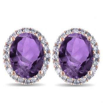 Oval Amethyst & Halo Diamond Stud Earrings 14k Rose Gold 3.92ct
