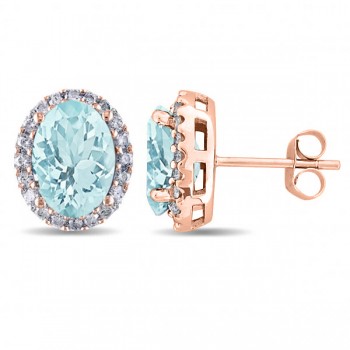Oval Aquamarine & Halo Diamond Stud Earrings 14k Rose Gold 3.92ct