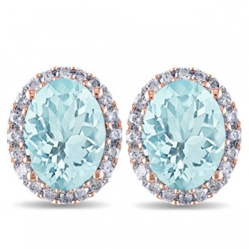 Oval Aquamarine & Halo Diamond Stud Earrings 14k Rose Gold 3.92ct