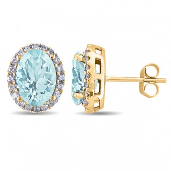 Oval Aquamarine & Halo Diamond Stud Earrings 14k Yellow Gold 3.92ct