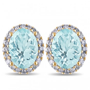 Oval Aquamarine & Halo Diamond Stud Earrings 14k Yellow Gold 3.92ct