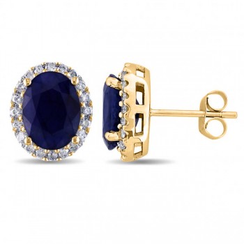 Oval Blue Sapphire & Halo Diamond Stud Earrings 14k Yellow Gold 5.70ct