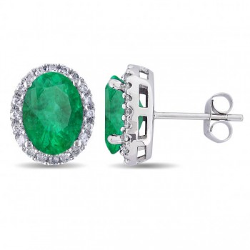 Oval Emerald & Halo Diamond Stud Earrings 14k White Gold 4.20ct