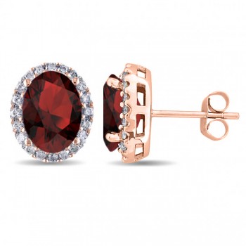 Oval Garnet & Halo Diamond Stud Earrings 14k Rose Gold 4.60ct