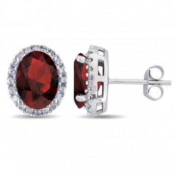 Oval Garnet & Halo Diamond Stud Earrings 14k White Gold 4.60ct