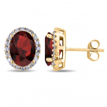 Oval Garnet & Halo Diamond Stud Earrings 14k Yellow Gold 4.60ct