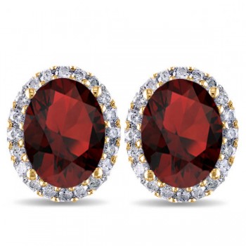 Oval Garnet & Halo Diamond Stud Earrings 14k Yellow Gold 4.60ct