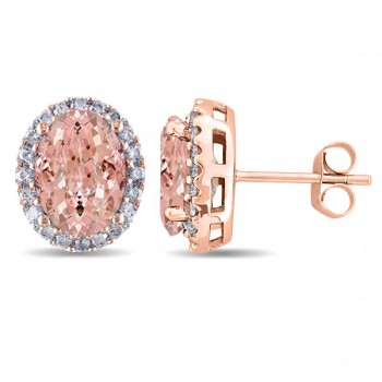 Oval Morganite & Halo Diamond Stud Earrings 14k Rose Gold 5.60ct