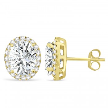 Oval Moissanite & Halo Diamond Stud Earrings 14k Yellow Gold 3.82ct