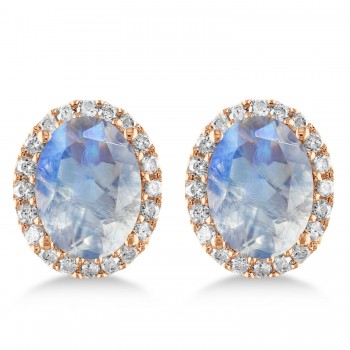Oval Moonstone & Halo Diamond Stud Earrings 14k Rose Gold 2.40ct