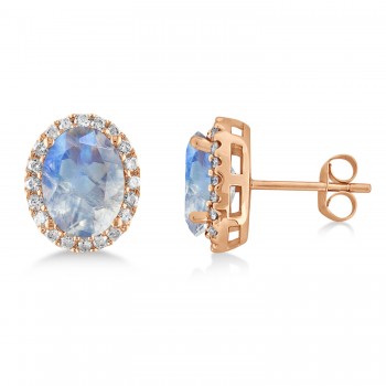 Oval Moonstone & Halo Diamond Stud Earrings 14k Rose Gold 2.40ct