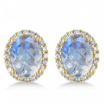 Oval Moonstone & Halo Diamond Stud Earrings 14k Yellow Gold 2.40ct