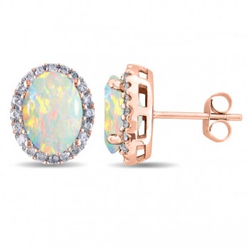 Oval Opal & Halo Diamond Stud Earrings 14k Rose Gold 2.60ct