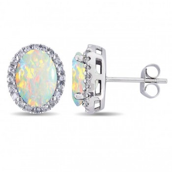 Oval Opal & Halo Diamond Stud Earrings 14k White Gold 2.60ct