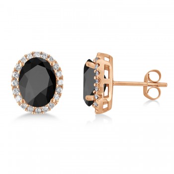 Oval Onyx & Halo Diamond Stud Earrings 14k Rose Gold 4.20ct