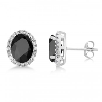 Oval Onyx & Halo Diamond Stud Earrings 14k White Gold (4.20ct)