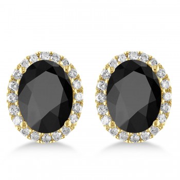 Oval Onyx & Halo Diamond Stud Earrings 14k Yellow Gold 4.20ct