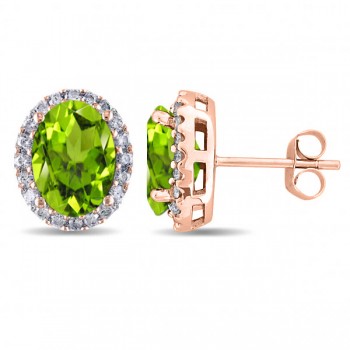 Oval Peridot & Halo Diamond Stud Earrings 14k Rose Gold 4.40ct