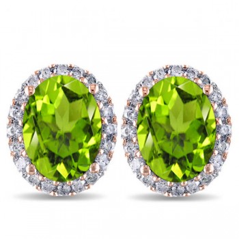 Oval Peridot & Halo Diamond Stud Earrings 14k Rose Gold 4.40ct