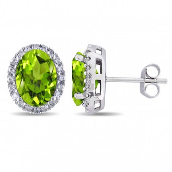 Oval Peridot & Halo Diamond Stud Earrings 14k White Gold 4.40ct