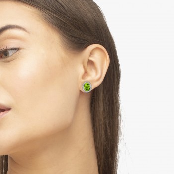 Oval Peridot & Halo Diamond Stud Earrings 14k White Gold 4.40ct