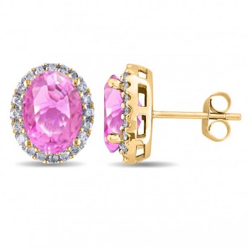 Oval Pink Sapphire & Halo Diamond Stud Earrings 14k Yellow Gold 4.80ct