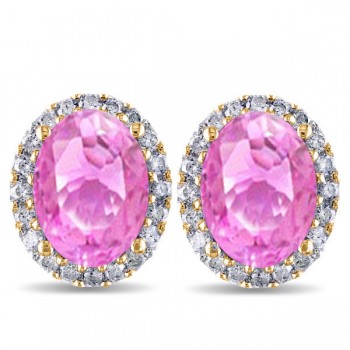 Oval Pink Sapphire & Halo Diamond Stud Earrings 14k Yellow Gold 4.80ct